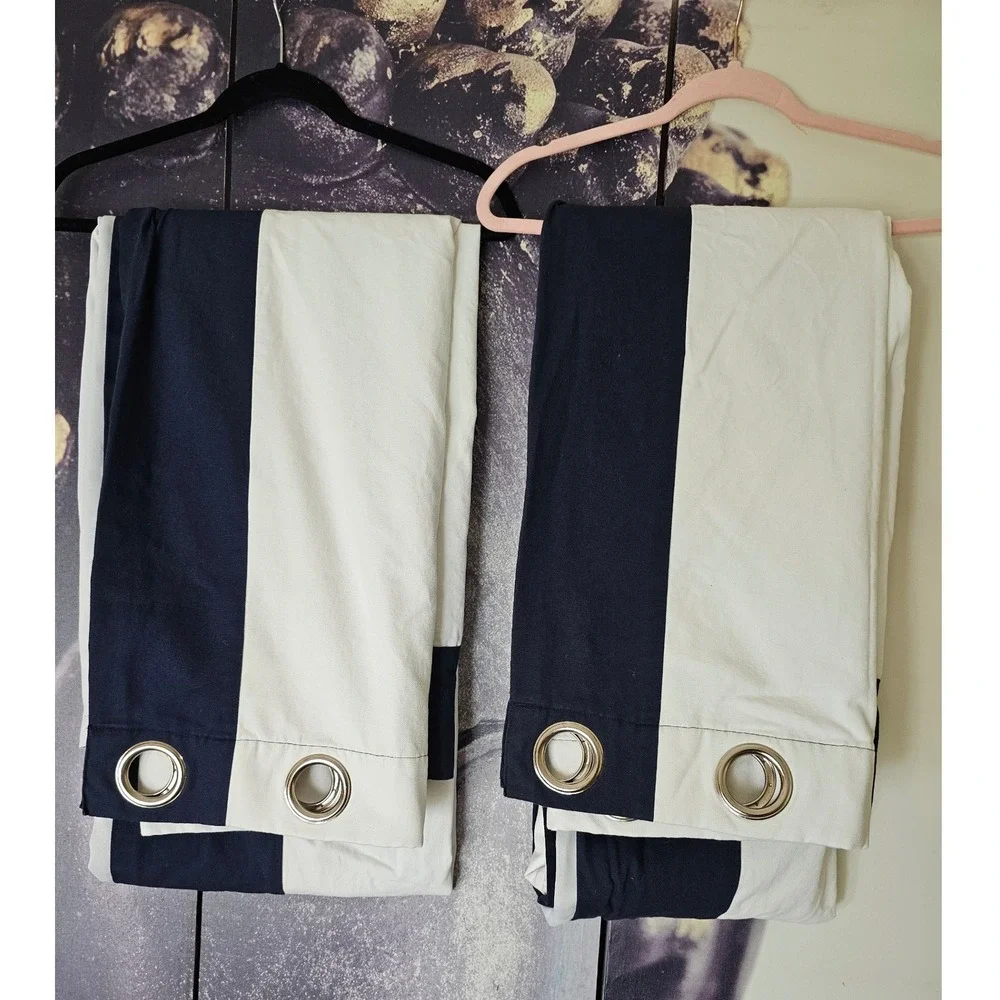 Pottery Barn Kids Navy White Border Blackout Grommet Curtain Panels Set of 2